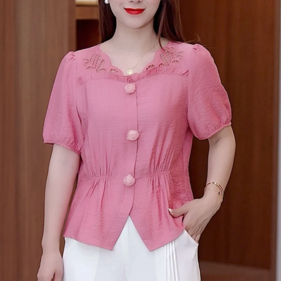 25年夏季显瘦民族风新款短袖新中式收腰打底衫气质洋气镂空上衣