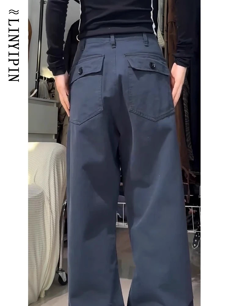 藏青色复古工装裤女款秋季大码高腰休闲直筒裤胖mm宽松显瘦阔腿裤