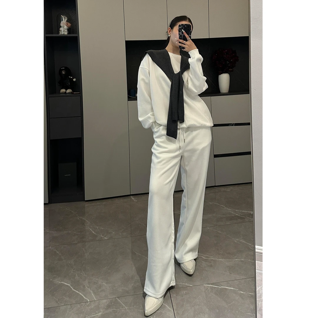 松弛感休闲卫衣套装女秋新款简约潮牌白色套头披肩上衣长裤两件套