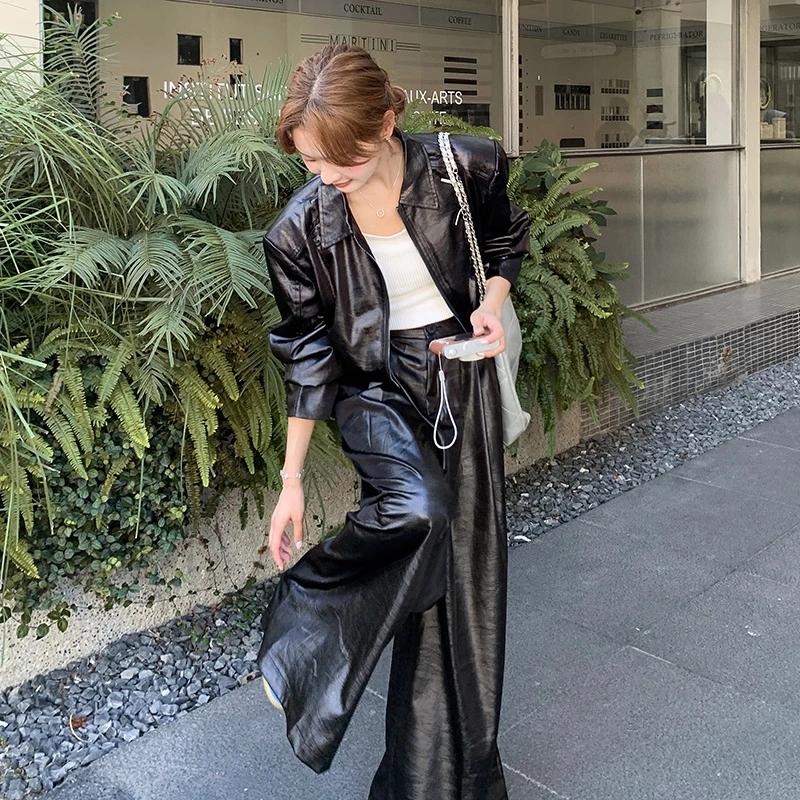 黑色港风时髦炸街pu皮套装裤女秋季2025新款夹克外套阔腿裤两件套