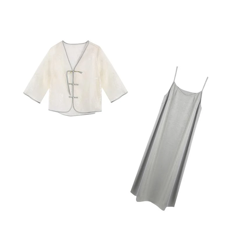 大码女装【王炸现货清仓】杏色上衣+蓝色吊带裙两件套ZL104608