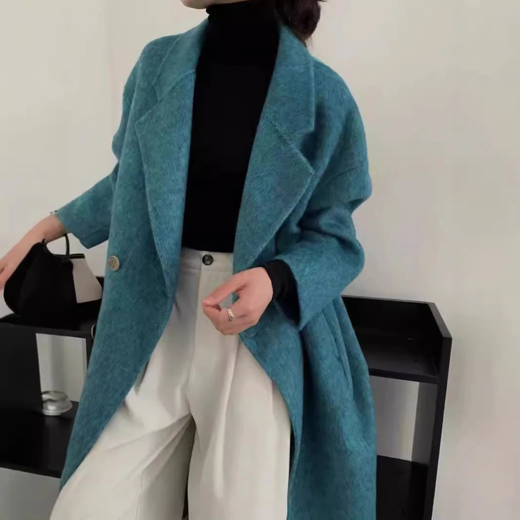 秋冬新款女性蓝海传说混纺双面奢华感慵懒风毛呢大衣2025高级气质