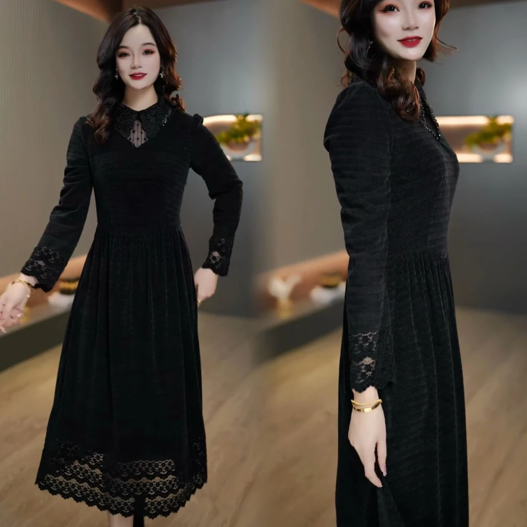 2024秋冬新款时尚拼接打底中长款气质显瘦修身过膝连衣裙M-4XL