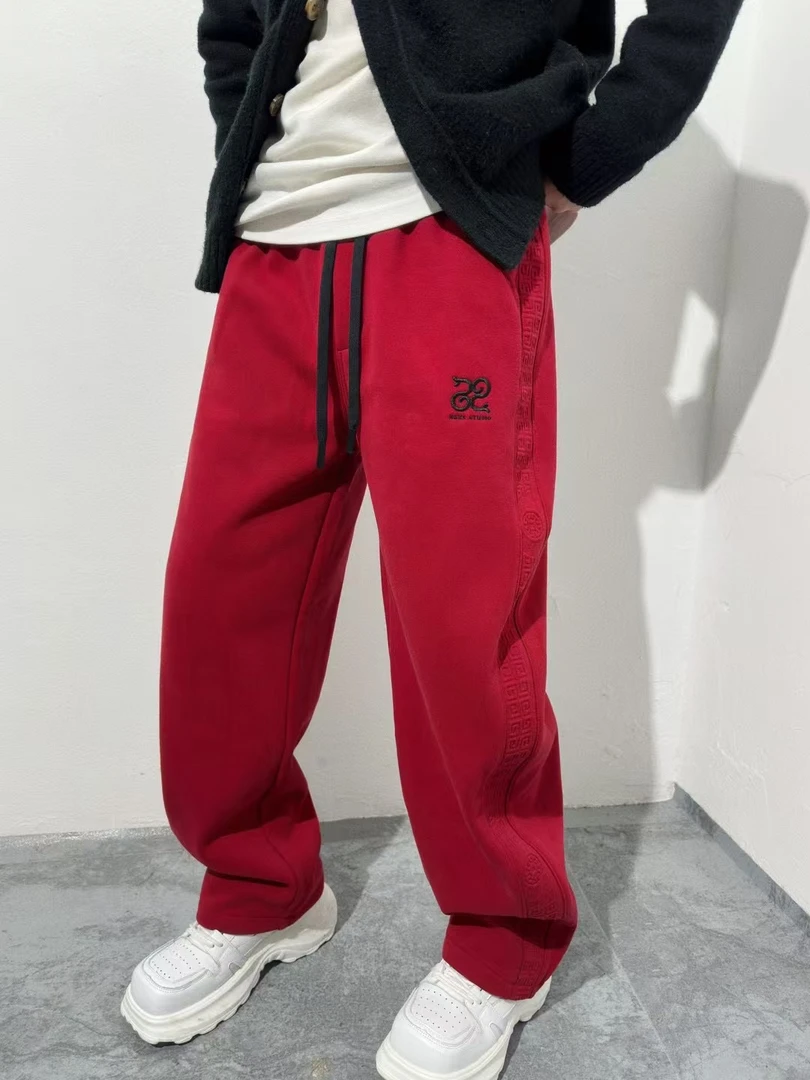 XI HAO男装 冬季加绒 蛇形刺绣时尚潮流设计侧带百搭宽松休闲裤