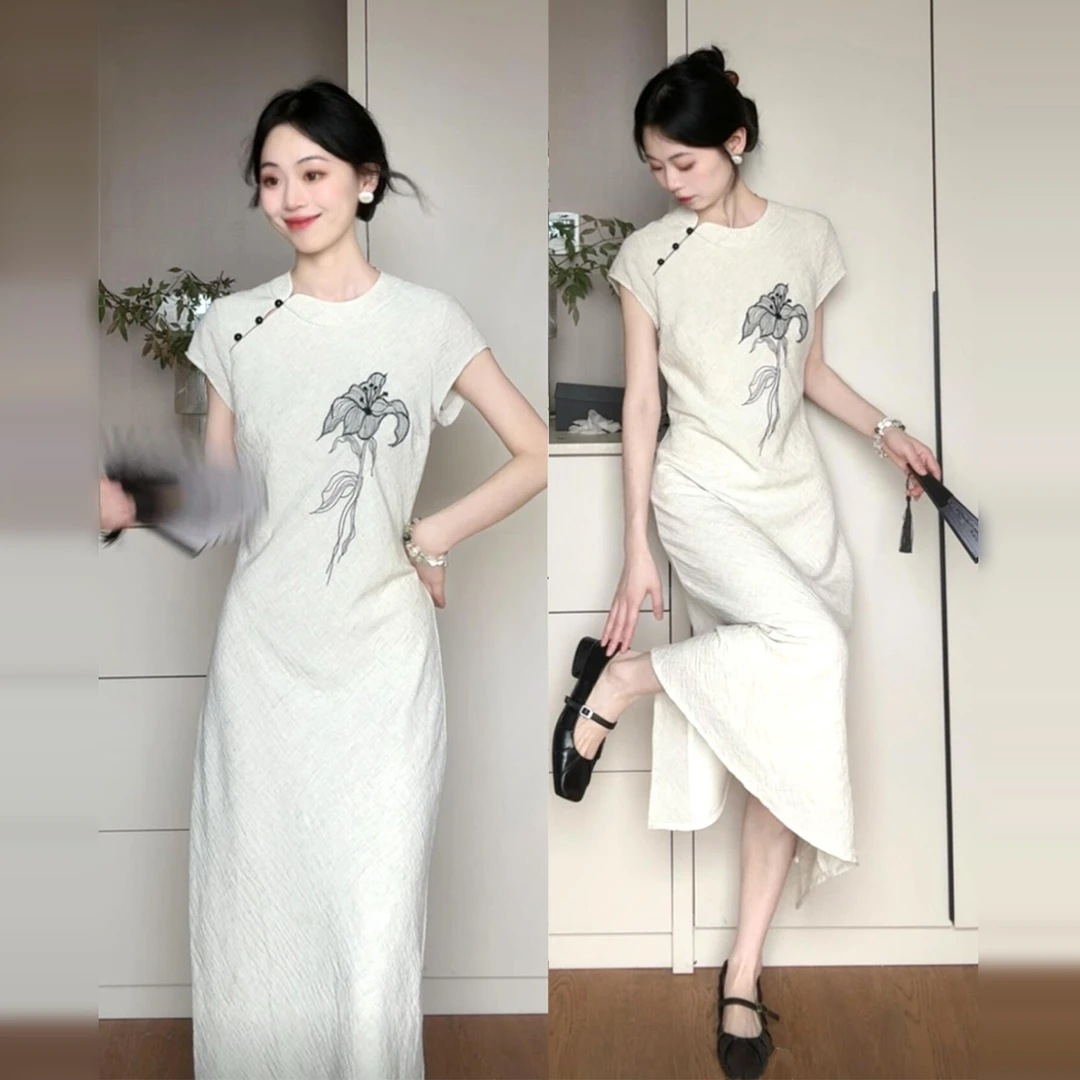 【现货+运补】新中式国风印花旗袍连衣裙子女夏得体收腰长裙5745