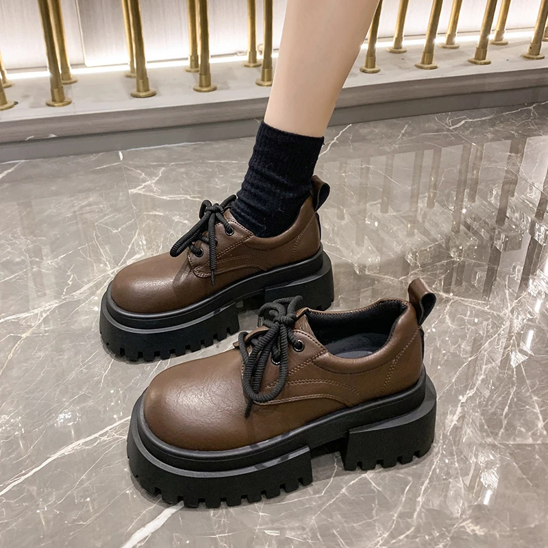 623/40【新疆包邮】女鞋春秋高级感厚底粗跟小皮鞋女士浅口复古百搭