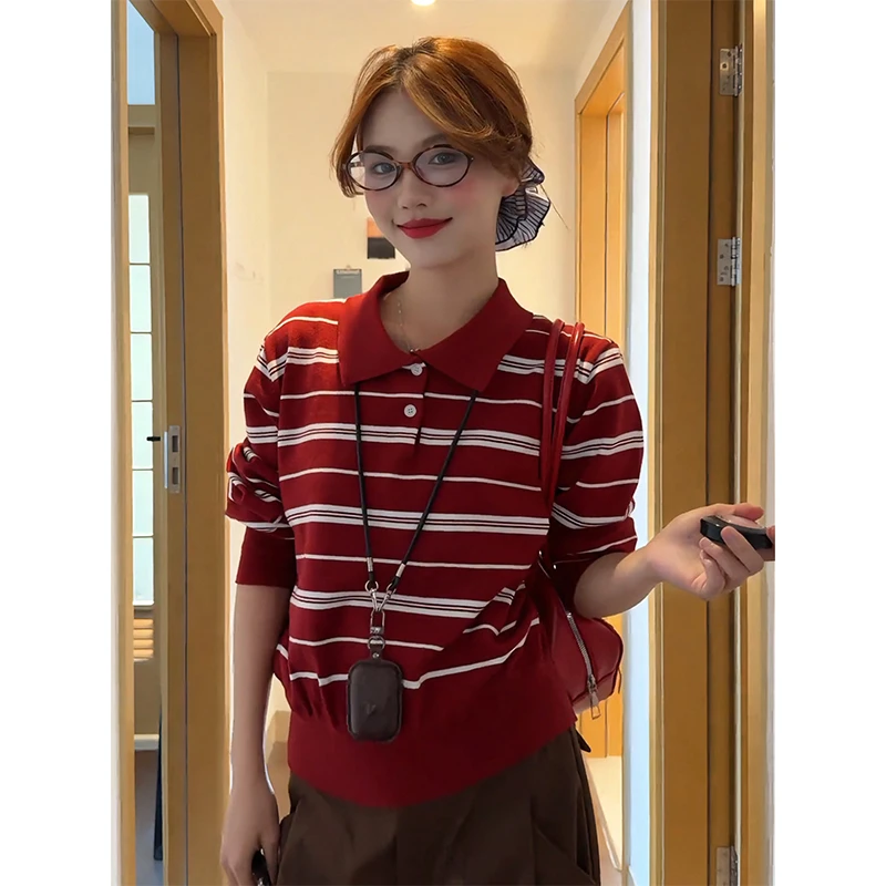 大码韩系显白红色条纹针织衫女装秋季时尚百搭显瘦polo领长袖上衣