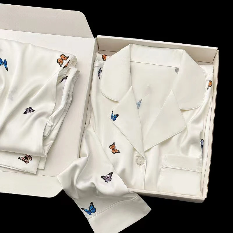 少女甜美蝴蝶结印花长袖睡衣女夏款2025年新款夏季缎面家居服套装