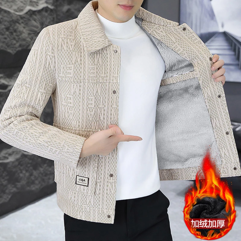 DESITASH秋冬季加绒加厚夹克男潮流修身翻领高端休闲短款风衣外套