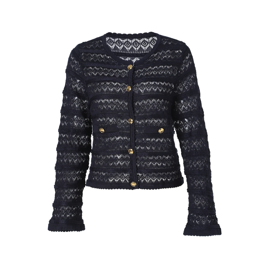 法式复古针织开衫新款藏蓝时尚洋气百搭小香风长袖上衣0032