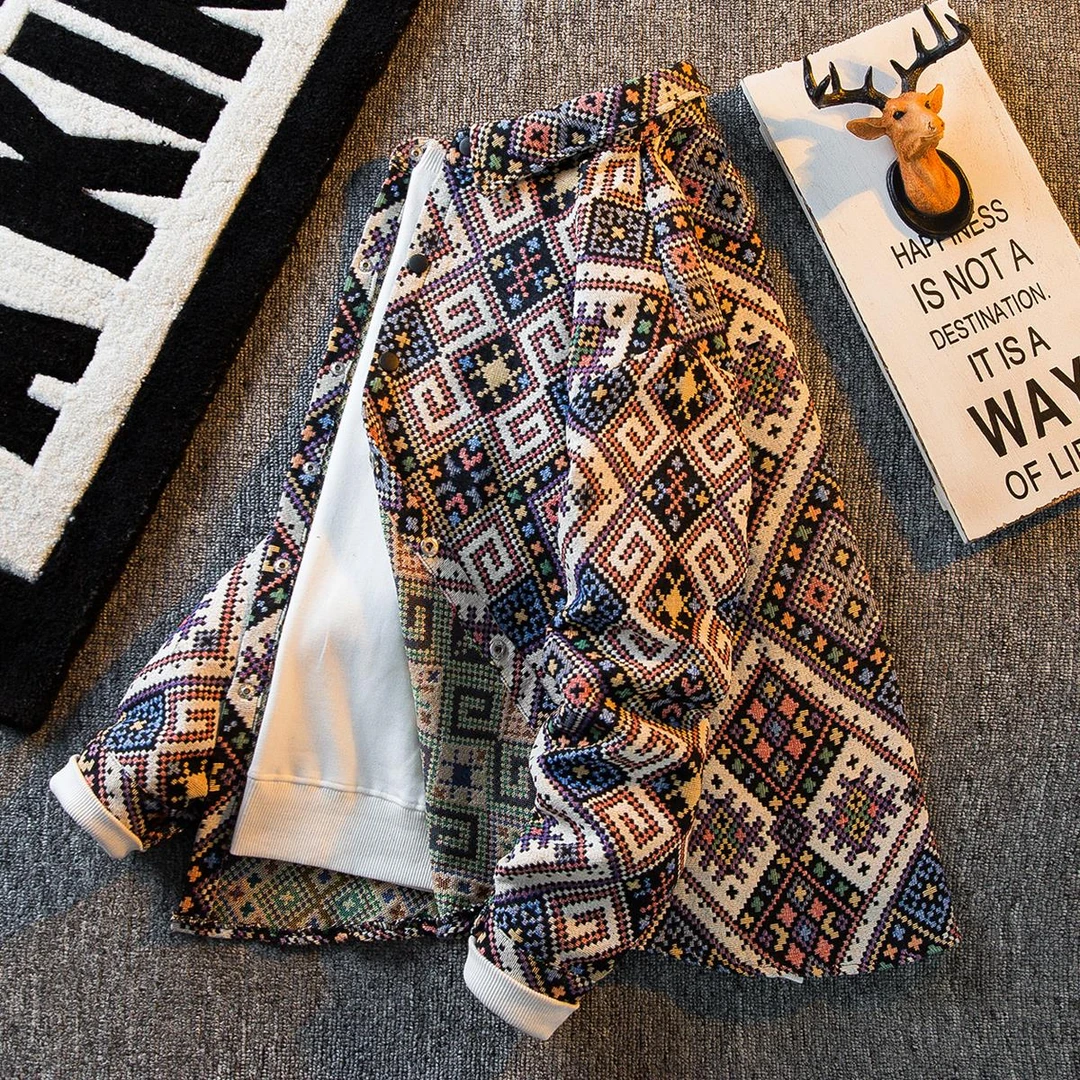 【TQUX港奢男装】七夕送礼民族风提花菱格长袖衬衫男高级痞帅格子衣