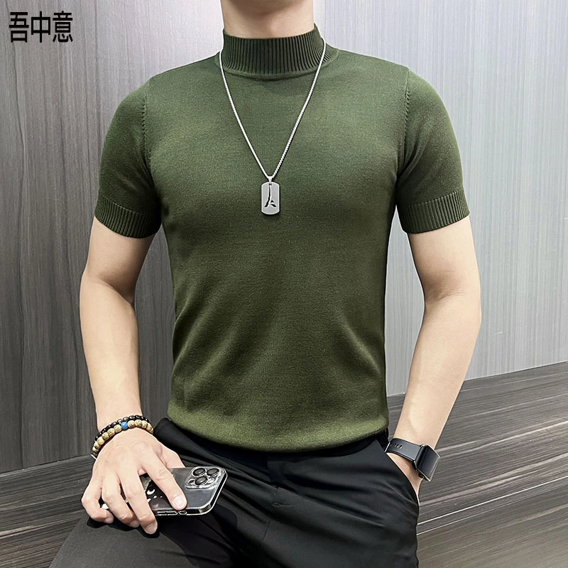 半高领针织打底衫男款爆款2025新款弹力修身短袖t恤男高级感体恤