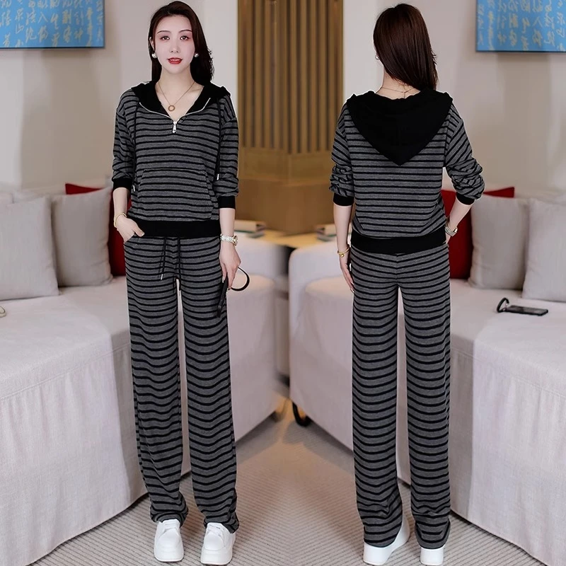 爆款开春穿搭一整套装女2025春季减龄条纹卫衣阔腿裤两件套运动服