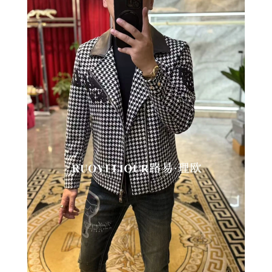 【路易理欧】欧货时尚机车服羊毛新款短款千鸟格提花男士夹克0442