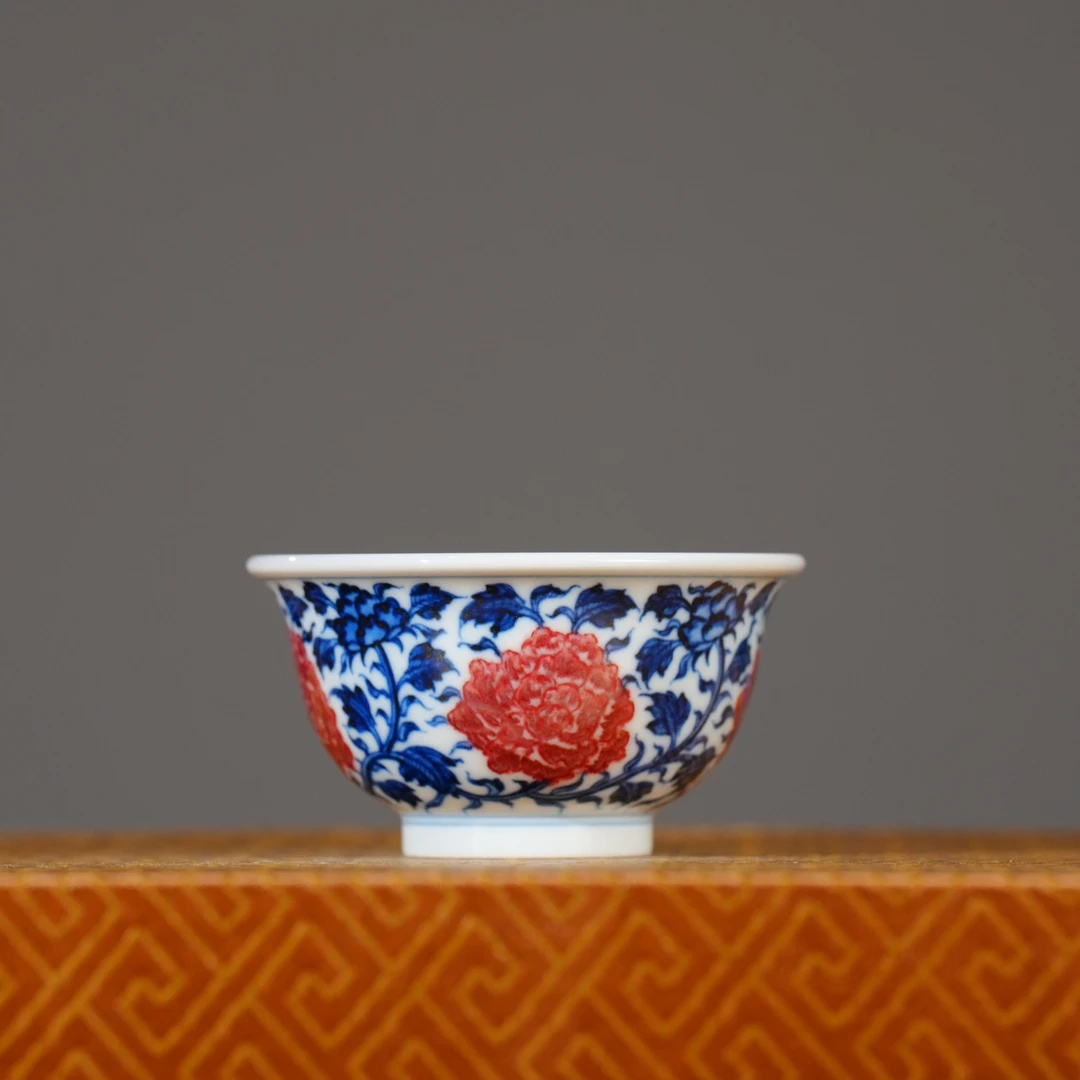璟宣堂丨青花釉里红牡丹压手  80ml 景德镇瓷器
