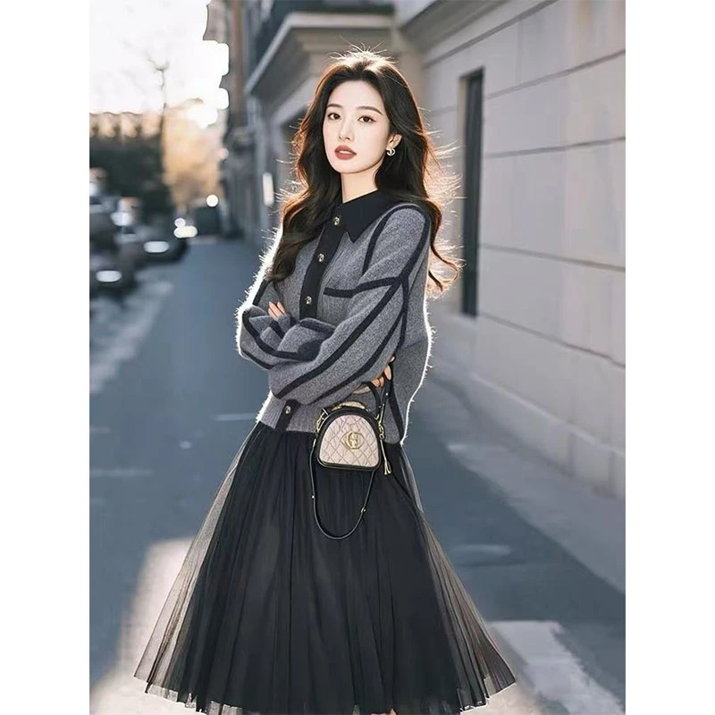 灰色撞色POLO领针织开衫女秋冬2025新款设计感洋气显瘦毛衣上衣潮