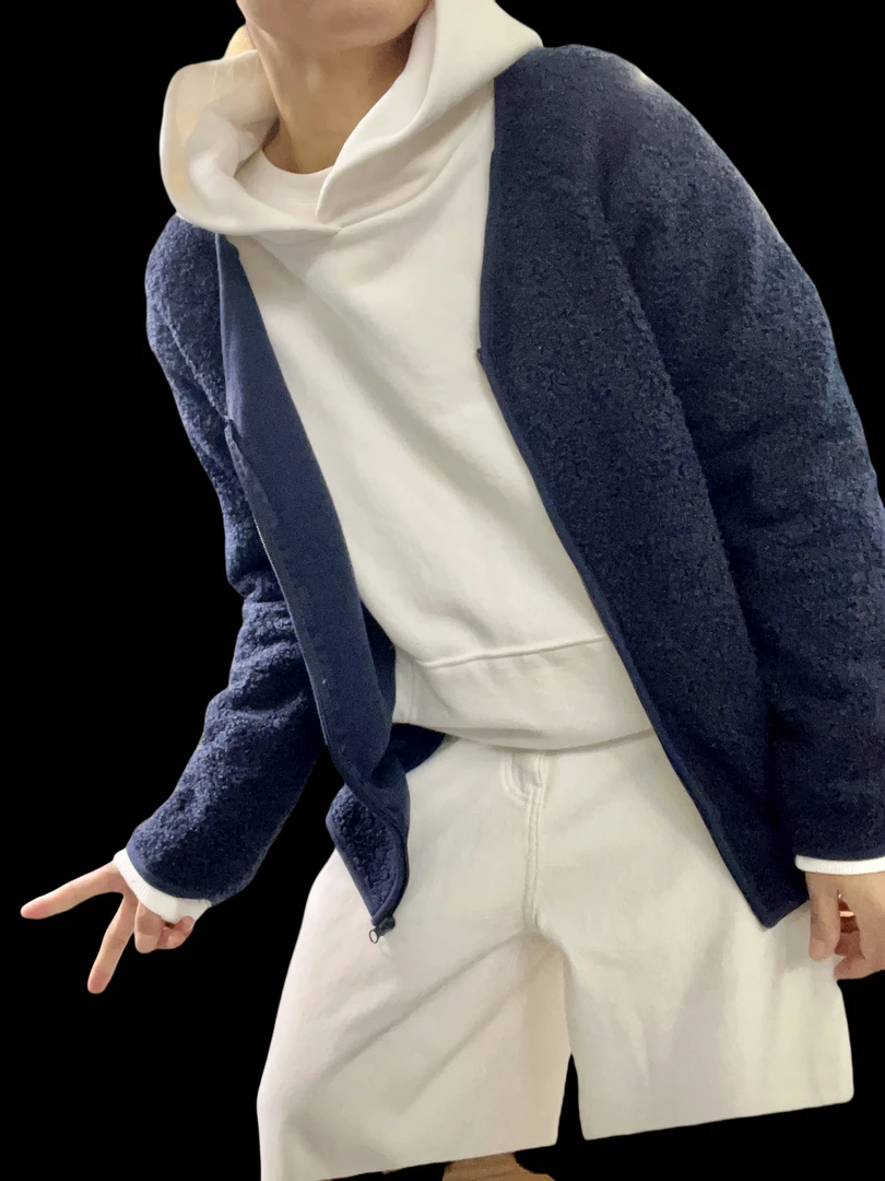 A260613藏青色摇粒绒拉链宽松时尚休闲百搭拼接韩版外套