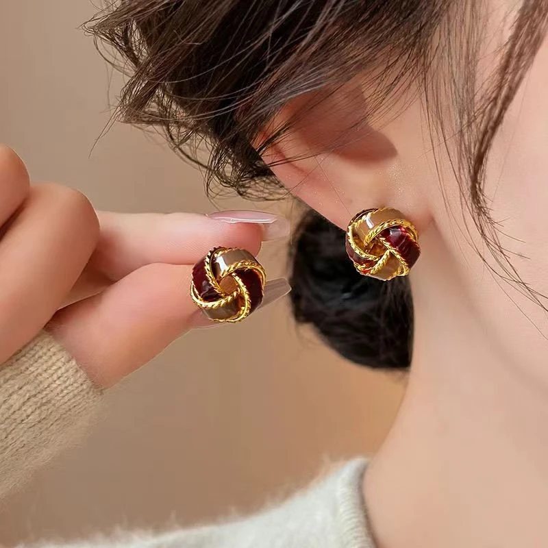 925银亚克力耳饰 s925银针耳饰复古撞色同心结耳钉气质高级感耳环