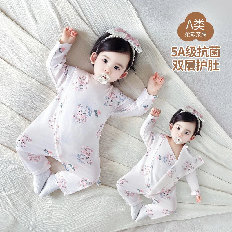 婴儿连体衣夏季薄款双层护肚无骨纯棉长袖新生宝宝连体衣外出服