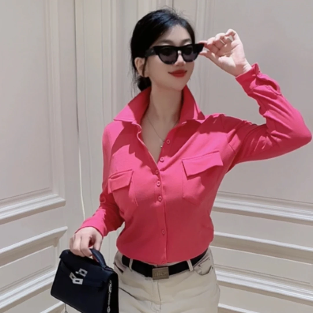 欧洲站2025冬新款打底衫粉红色减龄显白开衫上衣POLO长袖衬衫女潮
