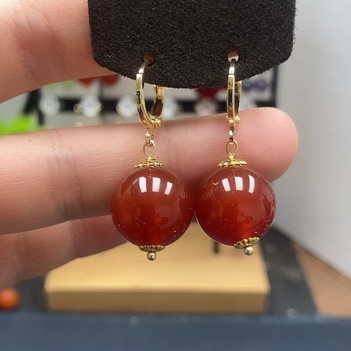 南红玛瑙银S925镀金镶嵌耳饰尺寸16mm