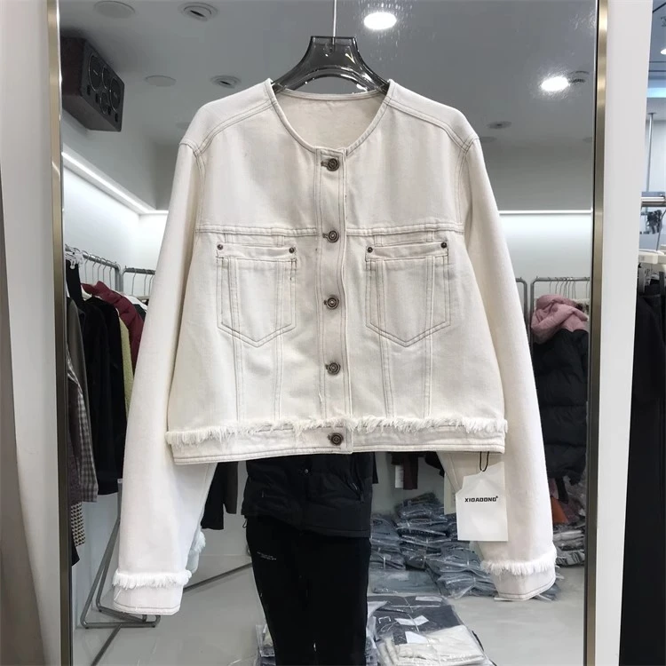 欧洲站2025春夏季新款百搭浅色水洗圆领单排扣长袖牛仔外套