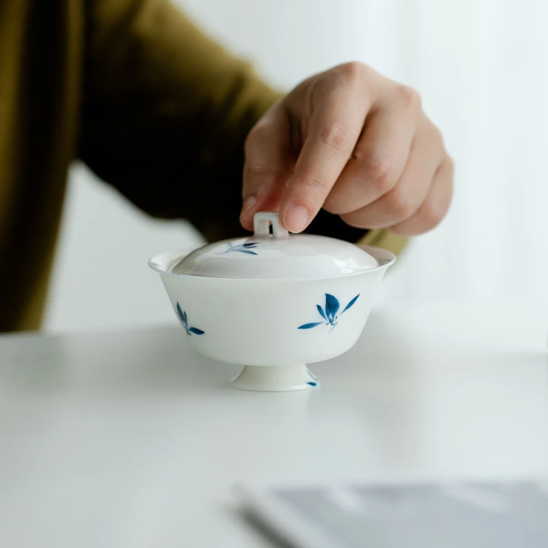 （阿萌茶事）纯手绘蝴蝶兰花戒钮二才盖碗