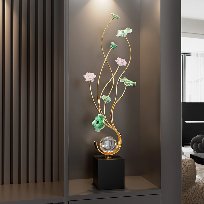 新中式玄关装饰摆饰高级感电视柜壁龛展示柜装饰荷花乔迁新居礼品