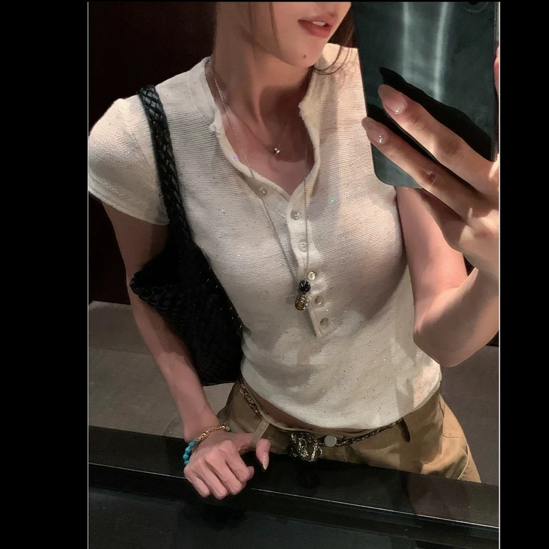 夏季设计感米毛针织短袖上衣女凉爽透气的修身T恤打底衫Y3746