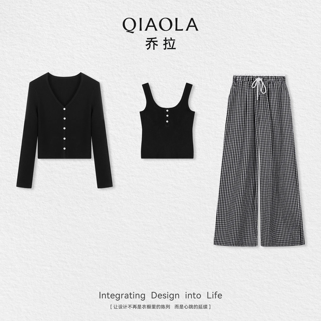 QIAOLA/乔拉【蕾丝便条】秋季羊毛纽扣上衣梭织格纹高腰阔腿裤预售