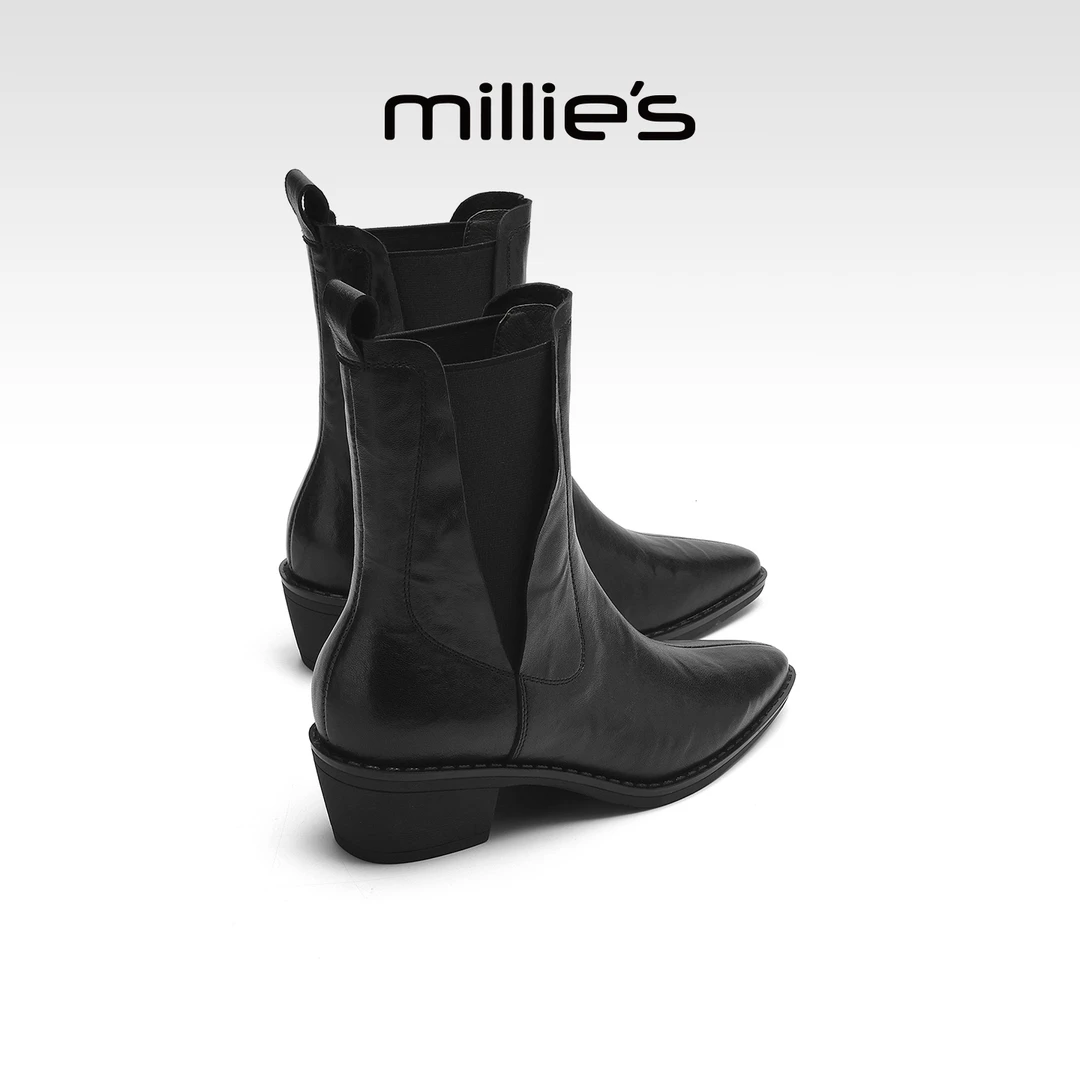 millies妙丽女鞋2025年冬季新款真皮加绒瘦瘦靴切尔西靴时装短靴