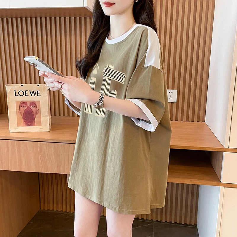 夏季2025设计感撞色t恤女短袖休闲宽松ins潮牌中长款显瘦上衣新款