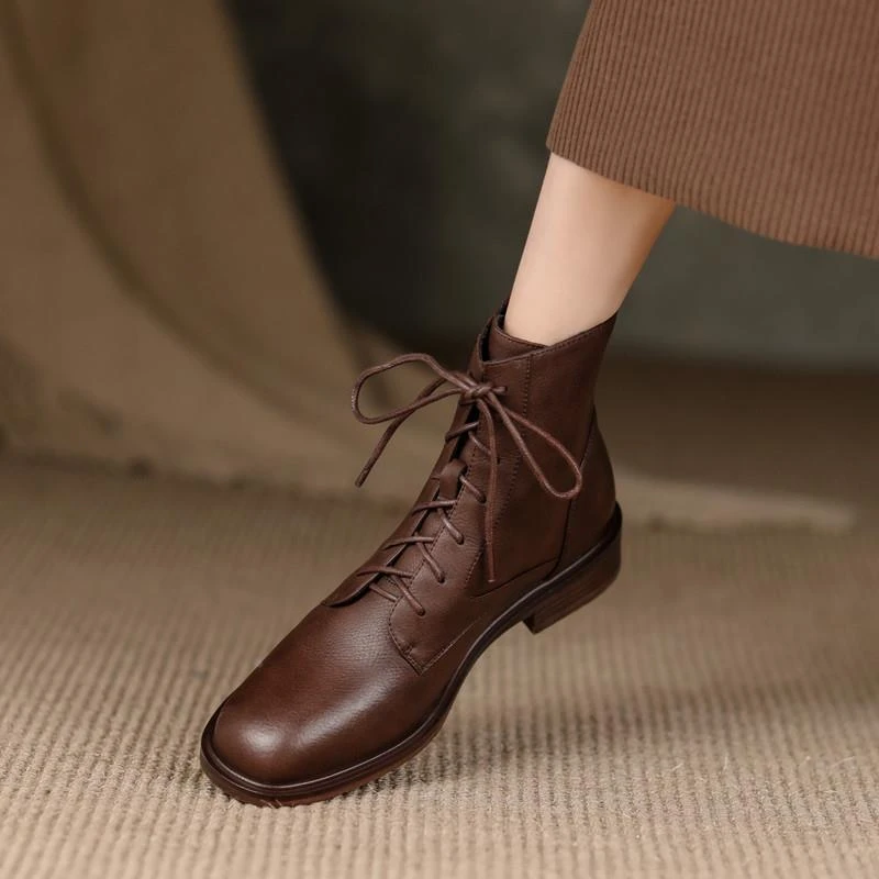 美拉德同款系带短靴女真皮粗跟马丁靴子2025秋冬靴子夏季女款