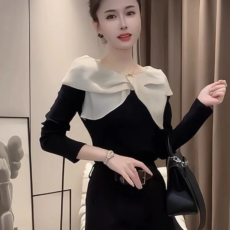 一字肩高级感法式长袖t恤女2025新款减龄修身设计感蝴蝶结小衫