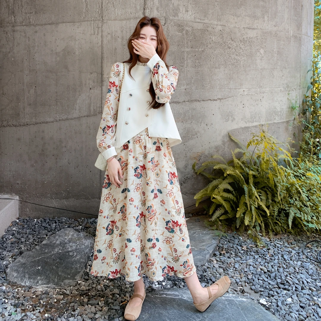 法式印花半身裙套装女2025年秋季设计感马甲拼接假两件上衣两件套