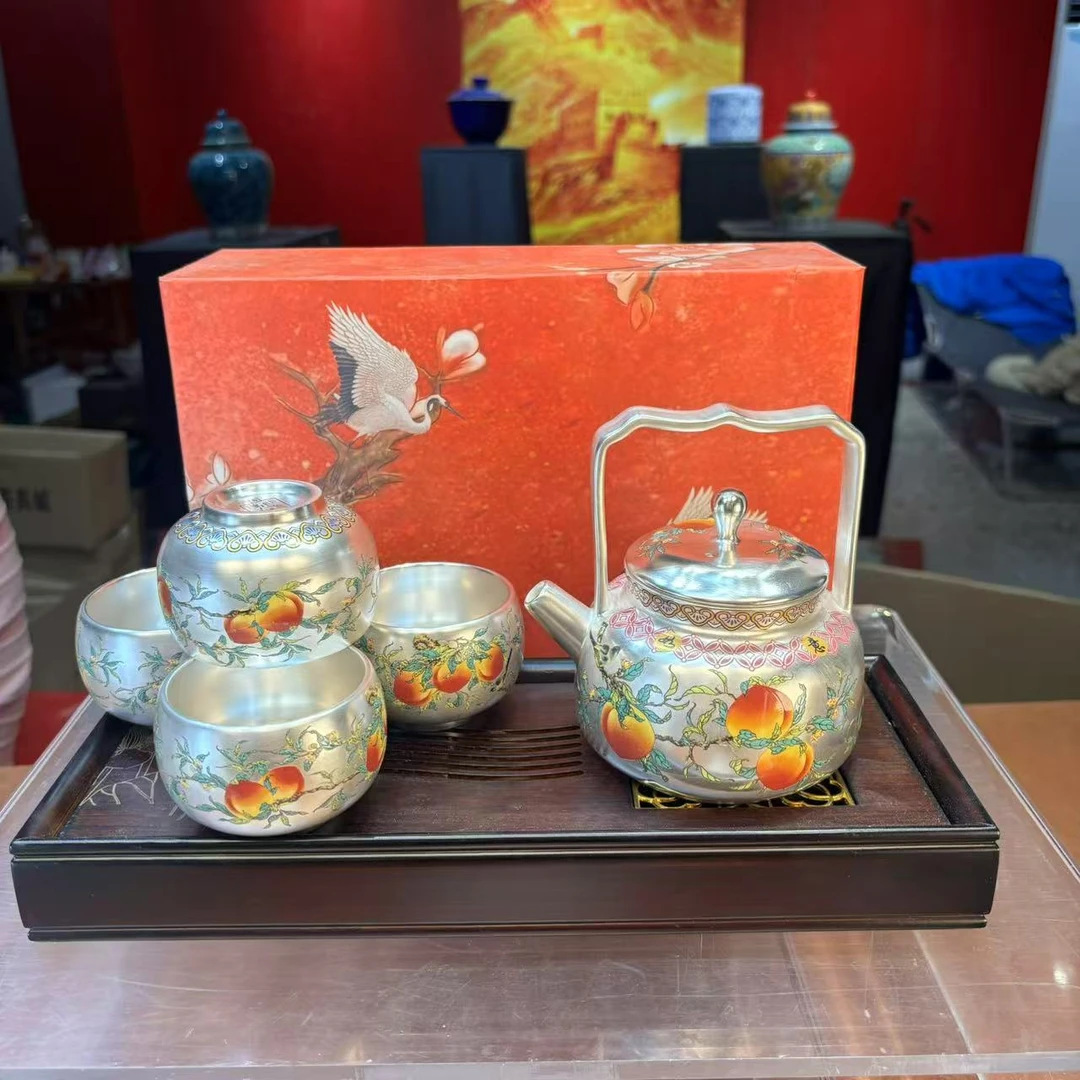 秋香茶具 九桃提梁银壶一壶四杯+盘+礼盒套装家用功夫茶具-6196