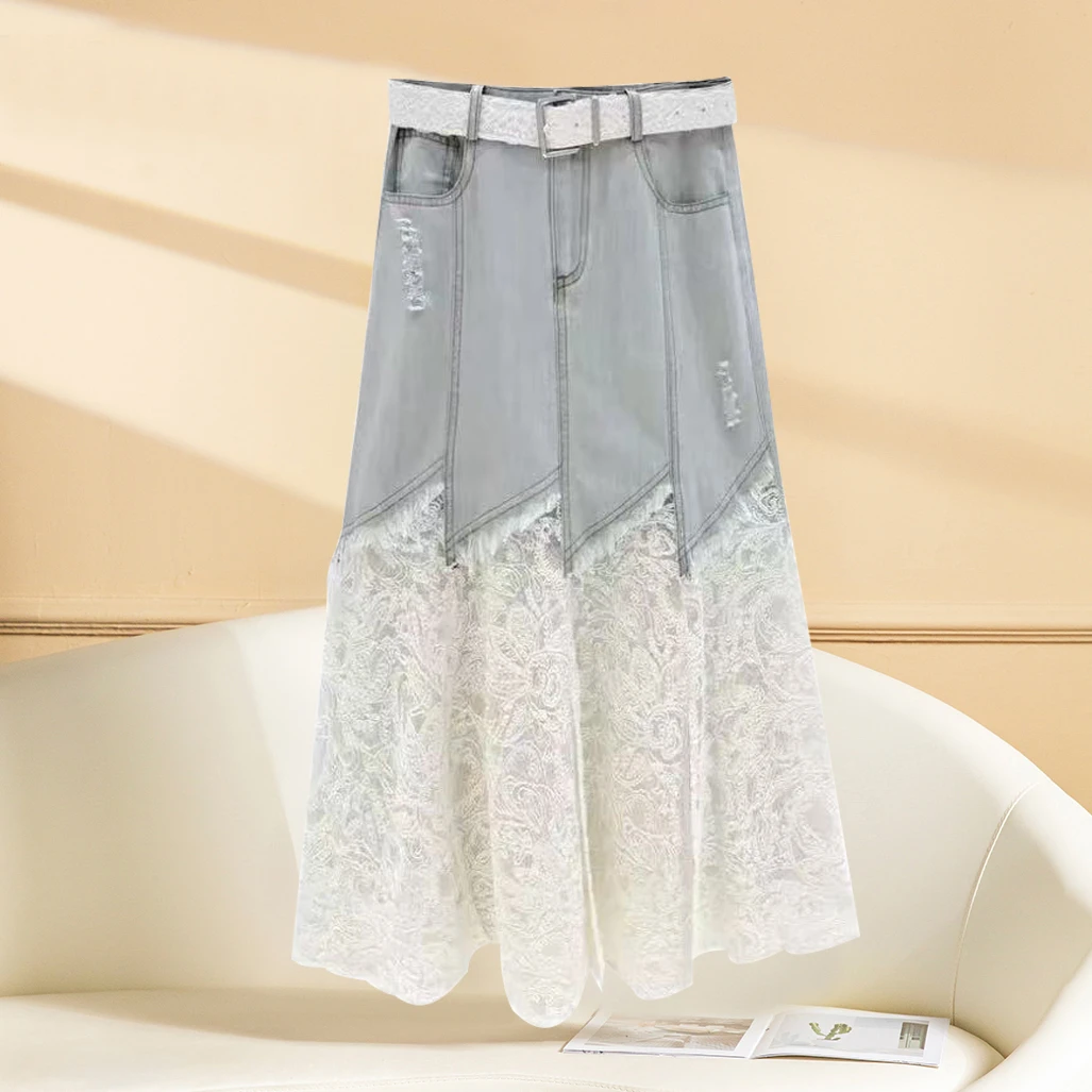 韩版高级感中长款蕾丝拼接牛仔半身裙早春正流行时尚百搭a字裙女