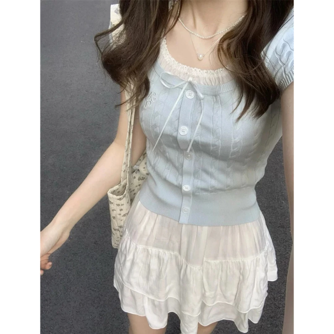 大码微胖显瘦韩系芭蕾风假两件刺绣设计感小众胖mm针织上衣短袖女