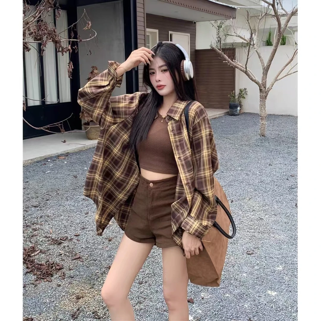格子衬衫外套女2024春夏款宽松慵懒情侣款休闲长袖衬衣外搭ins潮