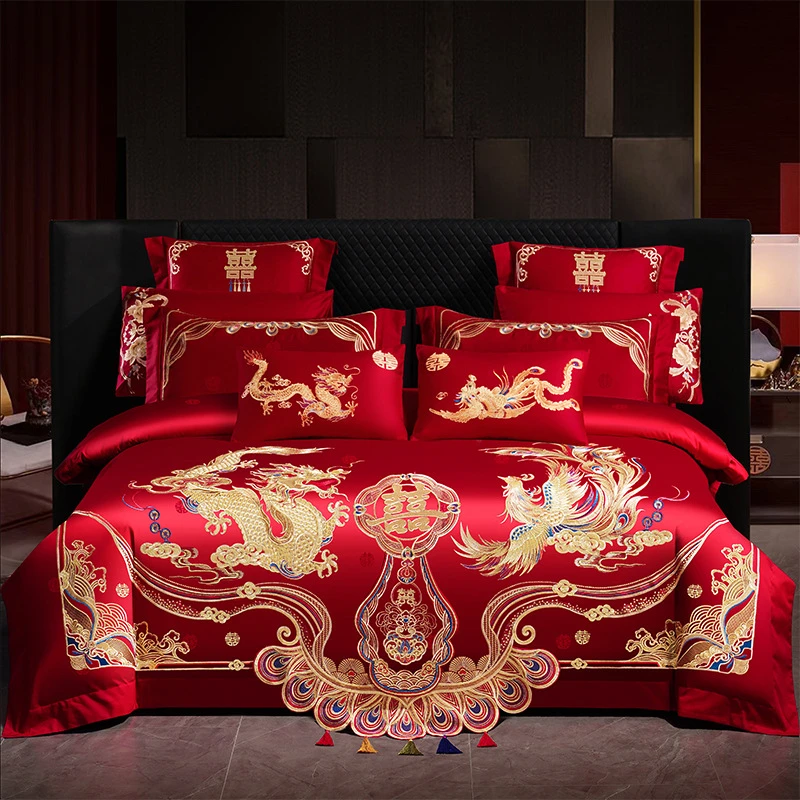 豪华新中式结婚陪嫁120s长绒棉龙凤刺绣高端婚庆床品四件套床上用