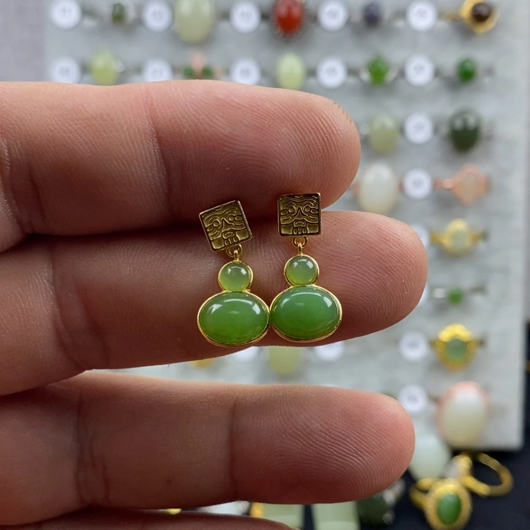 和田玉（碧玉）戒指银S925镀金镶嵌