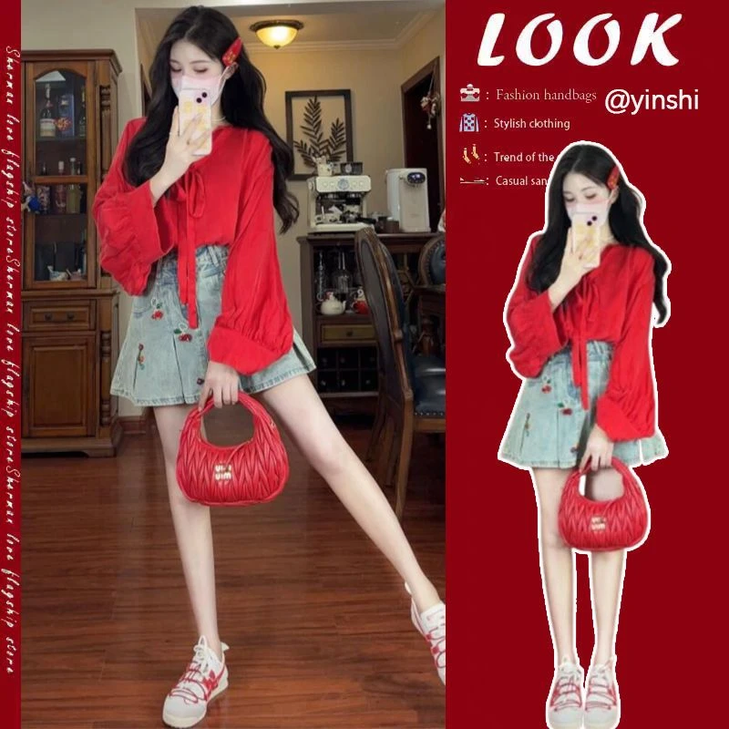 甜美初夏穿搭一整套2025新款韩版高级感衬衫牛仔纯欲慵懒风女装