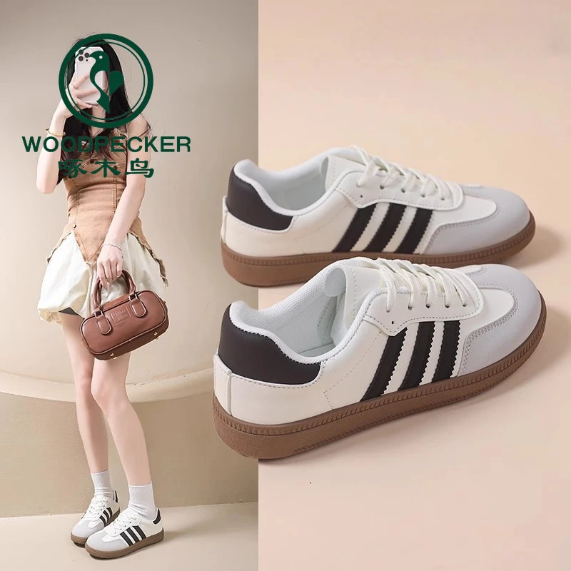 啄木鸟复古德训鞋女2025年夏季新款平底百搭小白鞋透气运动休闲鞋