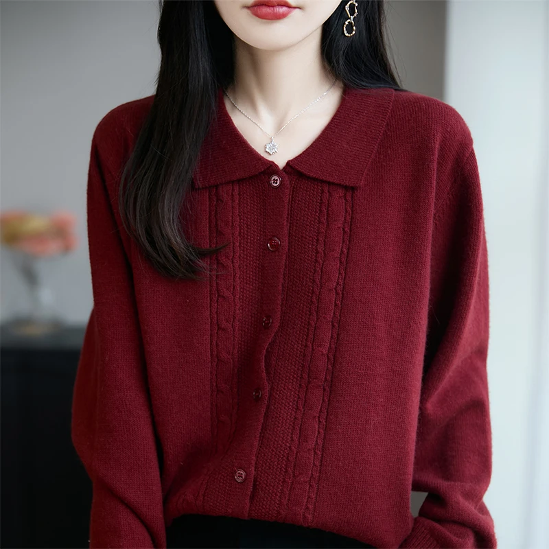 哥弟阿玛施正品女士长袖翻领纯色毛针织开衫加厚保暖亲肤上衣秋冬
