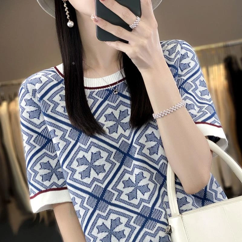 冰丝针织短袖t恤女2025新款洋气时尚大码女装夏季妈妈遮肚子上衣