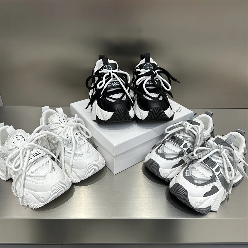 女鞋女款时尚百搭透气情侣反光厚底跑步黑白拼色系带新款潮流潮鞋