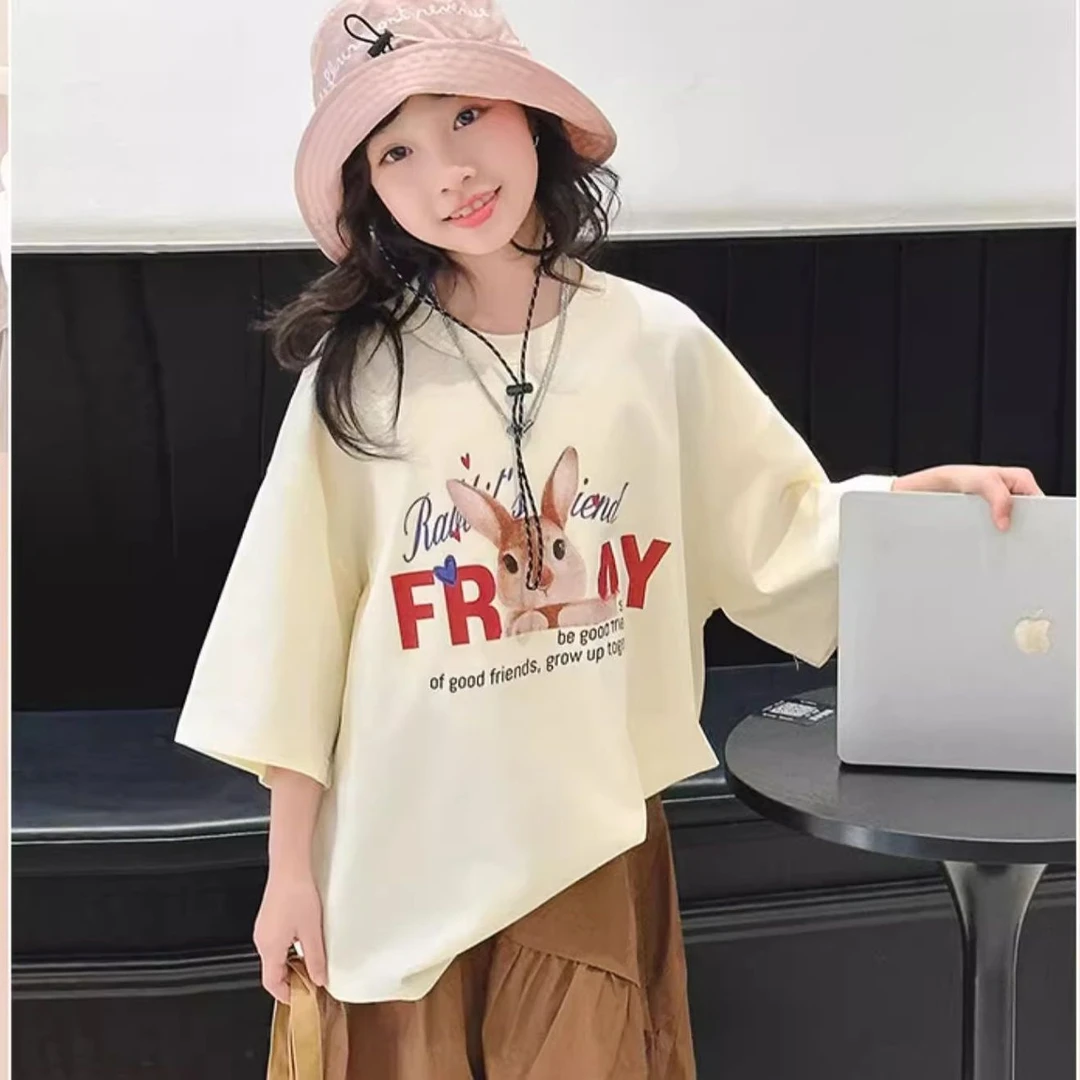 涂鸦杏色卡通纯棉儿童t恤短袖夏季中大童宽松公主风显瘦外穿上衣