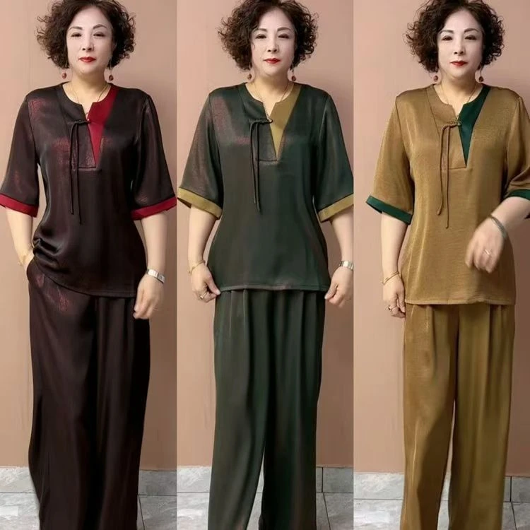 夏季国风短袖妈妈洋气旗袍衬衫宽松遮肉阔腿裤两件套装