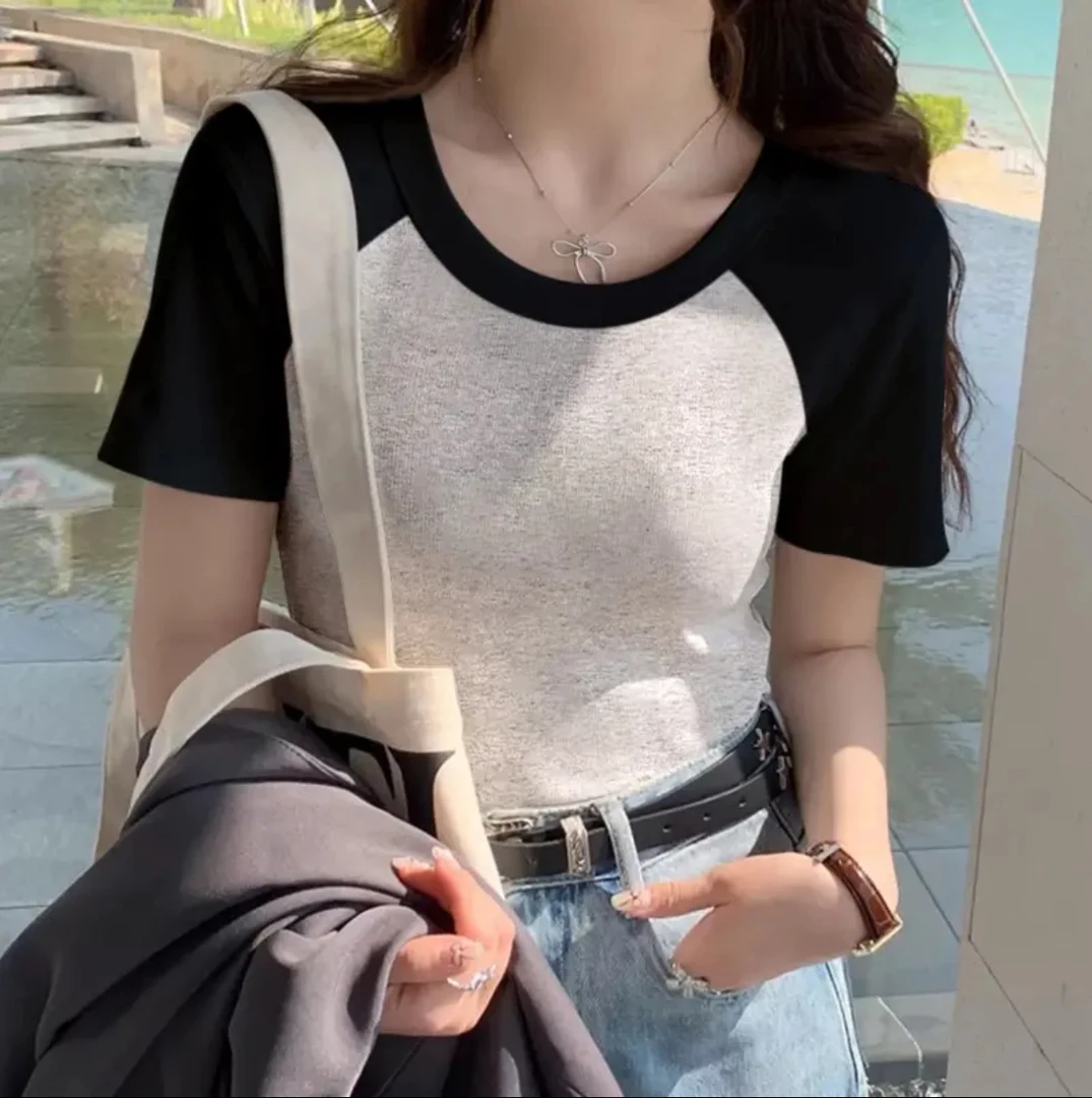 2025新款撞色拼接正肩设计感短款卡腰小衫短袖t恤女上衣百搭