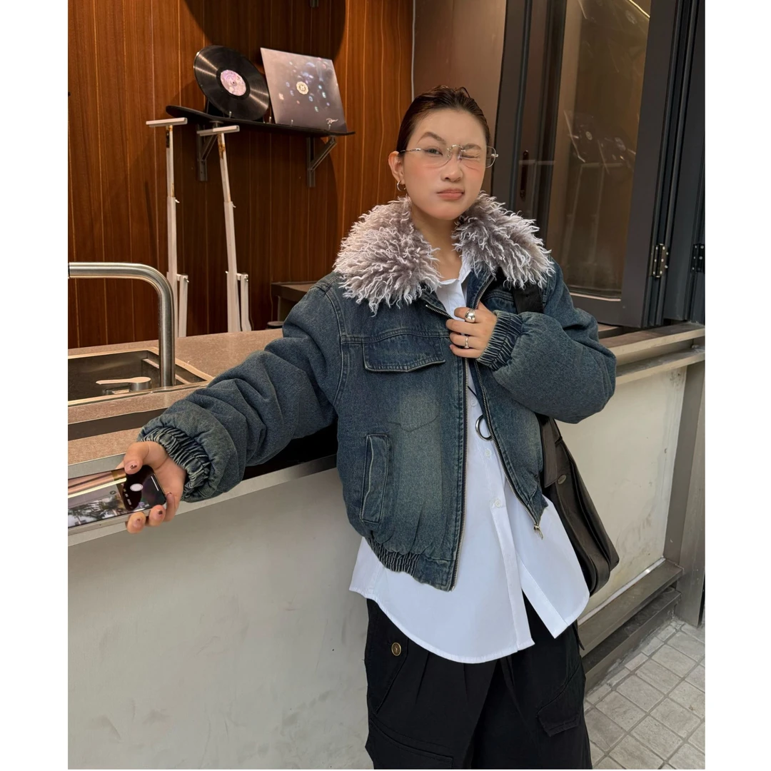 【清】2025秋冬新款时尚休闲百搭宽松显瘦毛领夹棉牛仔外套女95602